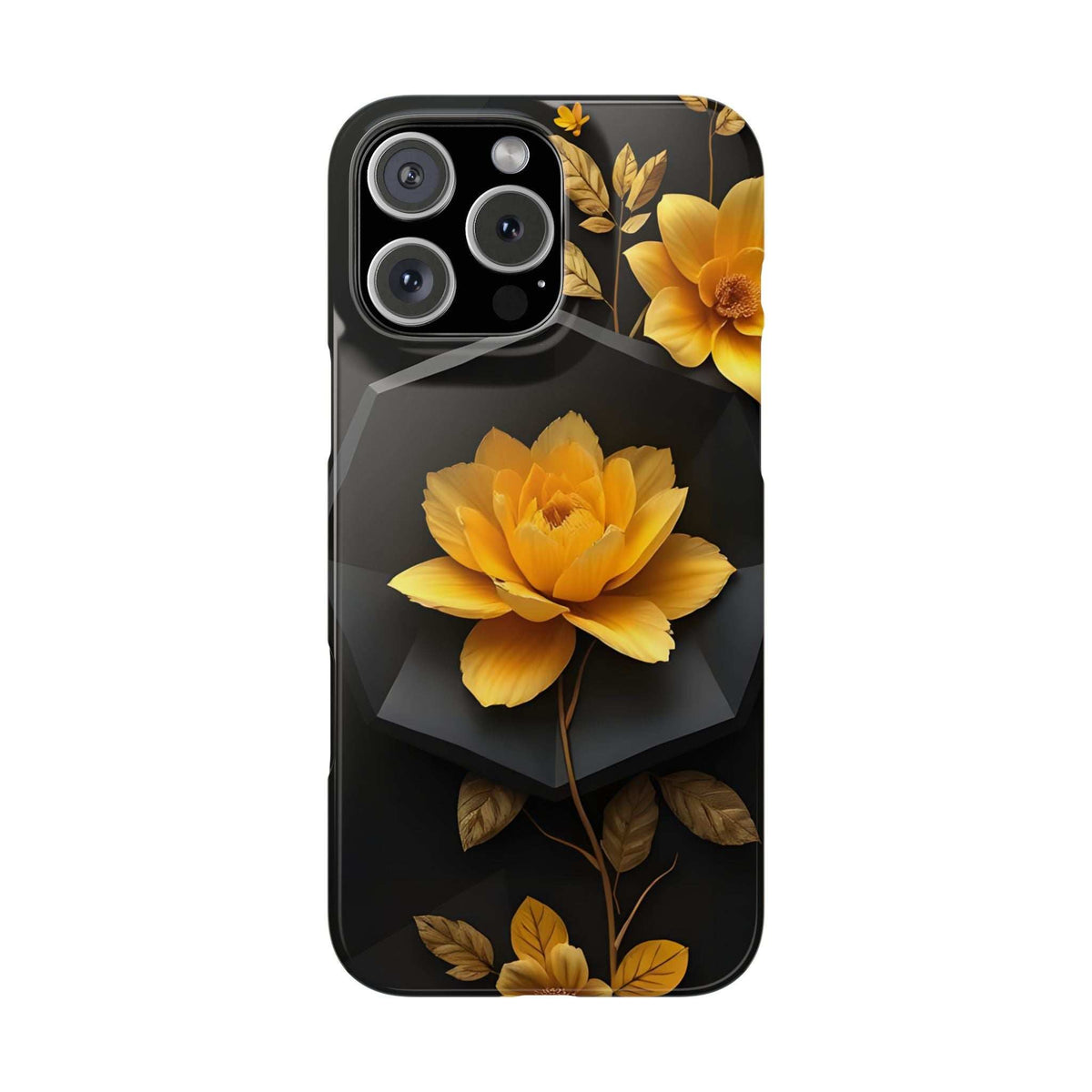 Phone case with yellow lotus bloom, gold foliage, and dark background