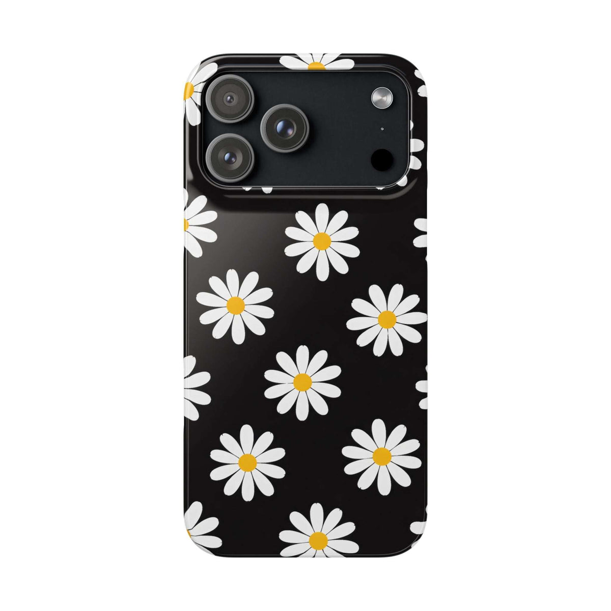 Black phone case with white daisies and yellow centers; back view showing camera module