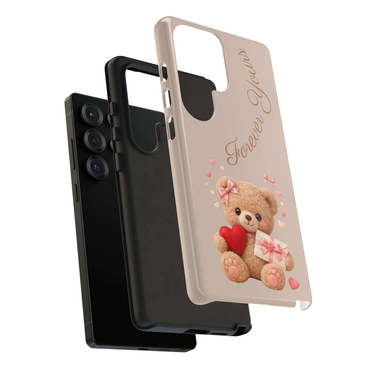 Beige teddy phone case with red heart, shown with protective black bumper and camera cutouts