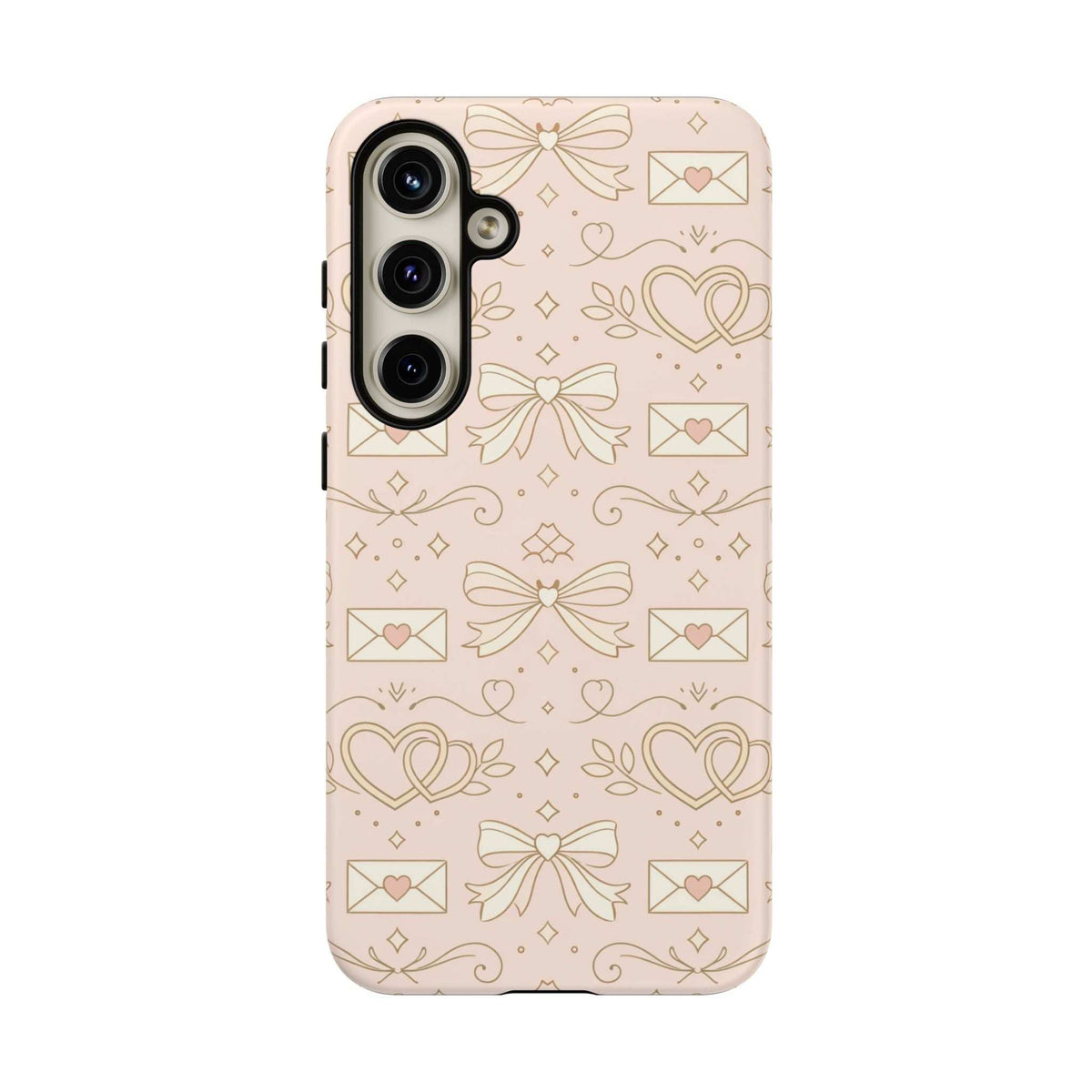 Light pink tough phone case with decorative hearts, bows, and envelopes; camera cutout details
