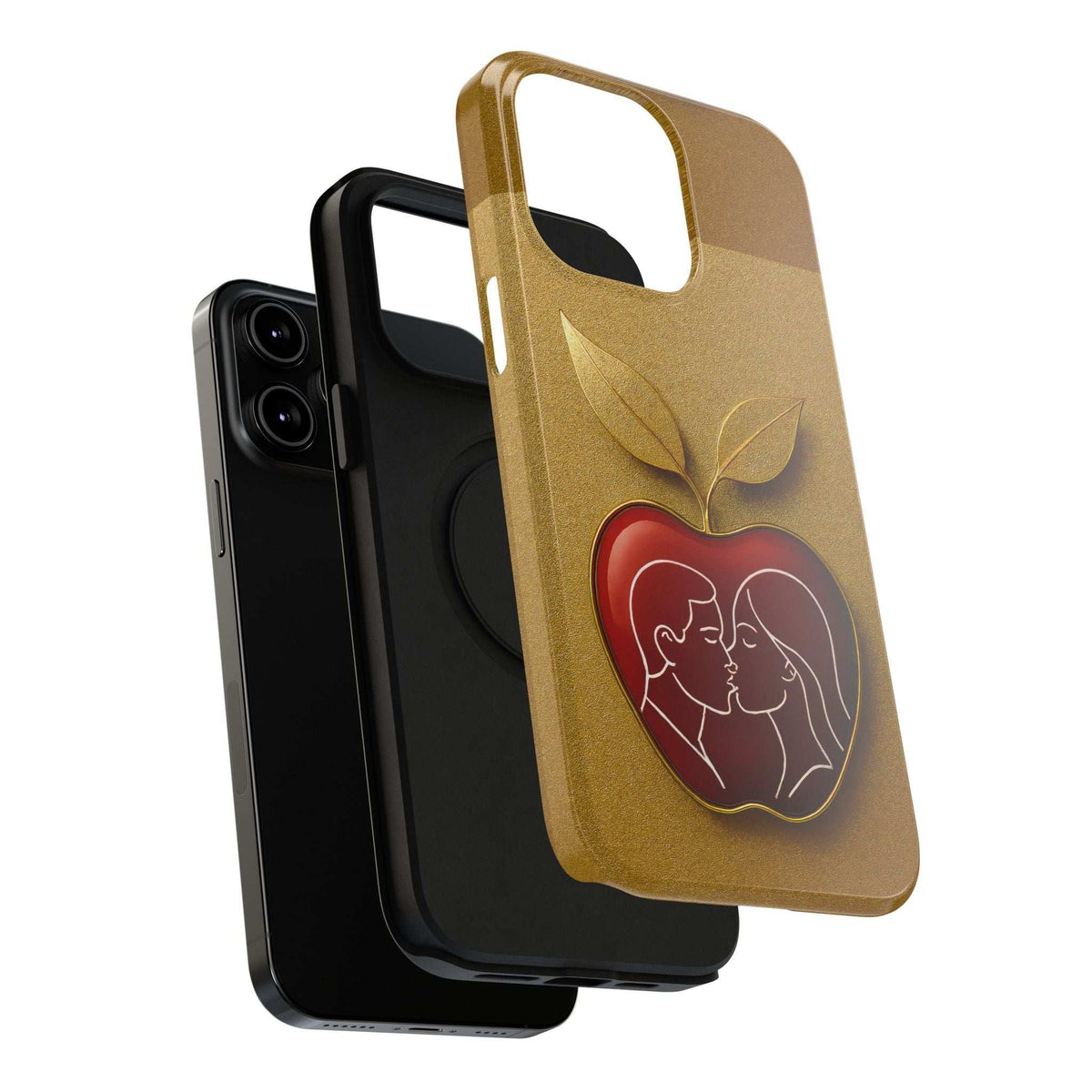 Gold glitter phone case with apple leaf and red heart couple; protective corner edges