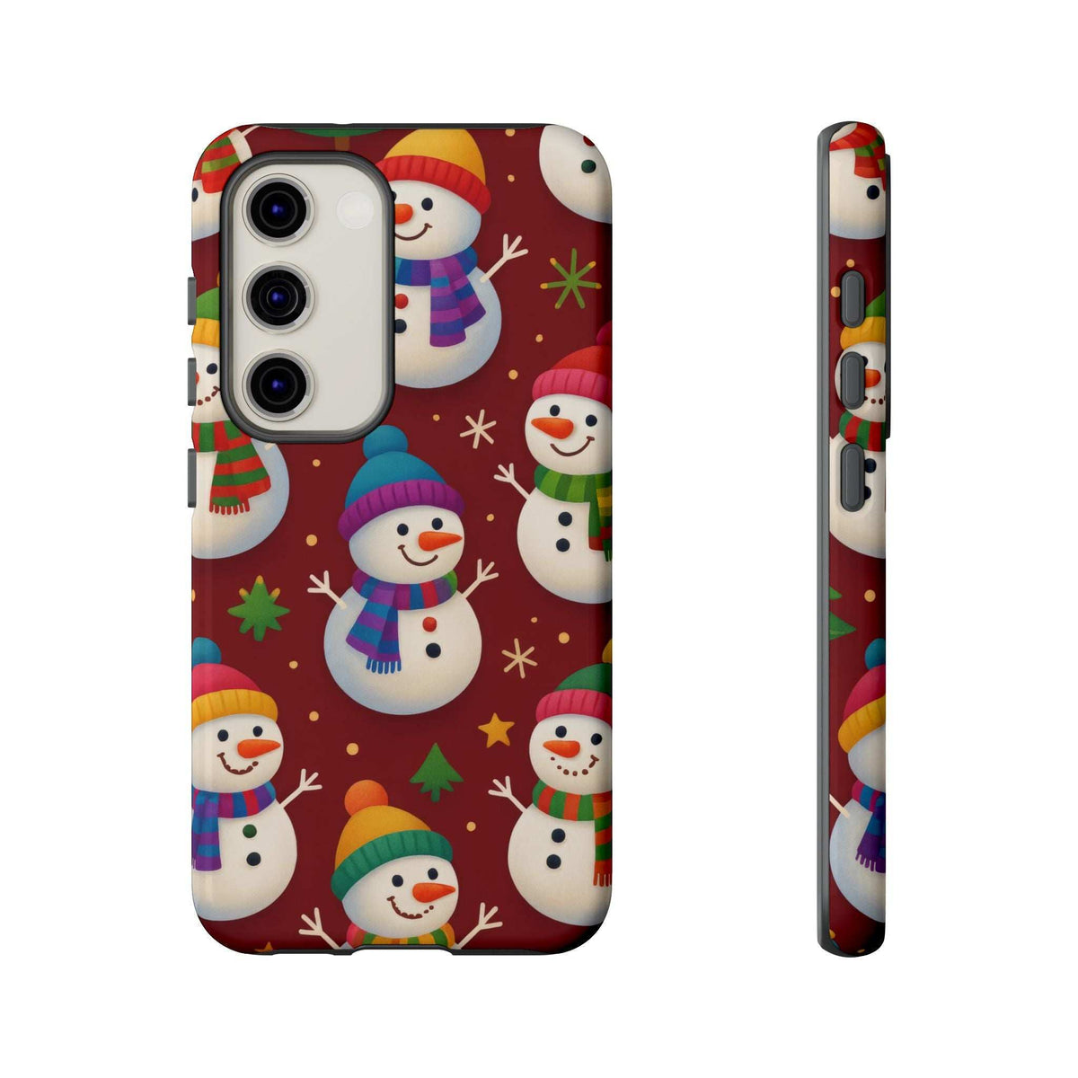 Glossy phone case with snowmen in holiday attire; camera module cutouts and side controls.