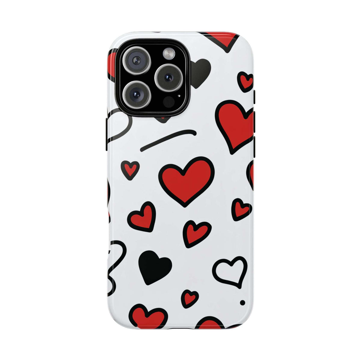 White phone case with scattered red and black hearts; quad-camera cutout