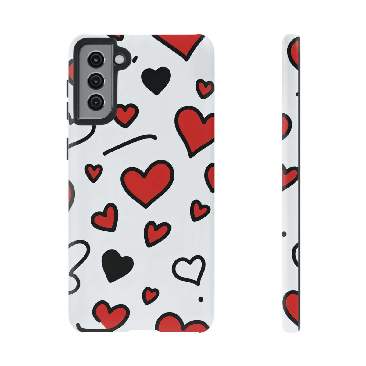 White phone case featuring scattered hearts in red and black; camera lenses visible