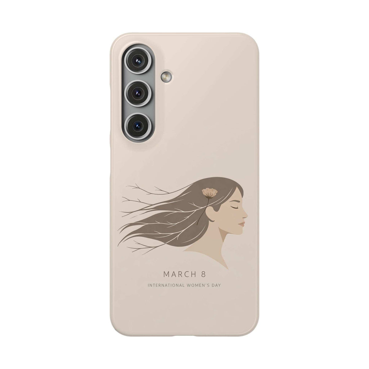 Beige phone case with triple camera cutout and March 8 women’s day profile design