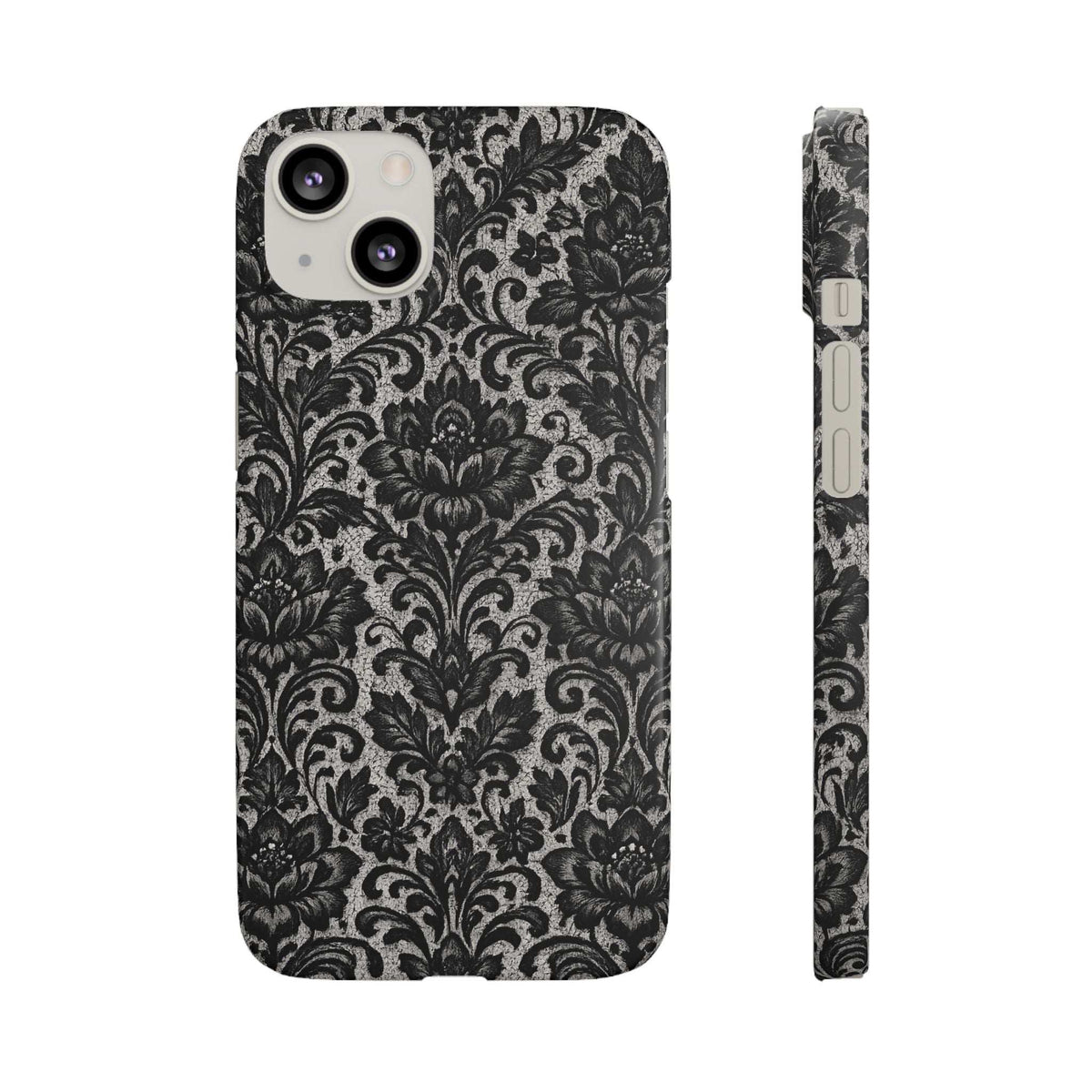 Black damask floral phone case with camera cutout openings and textured pattern wrap