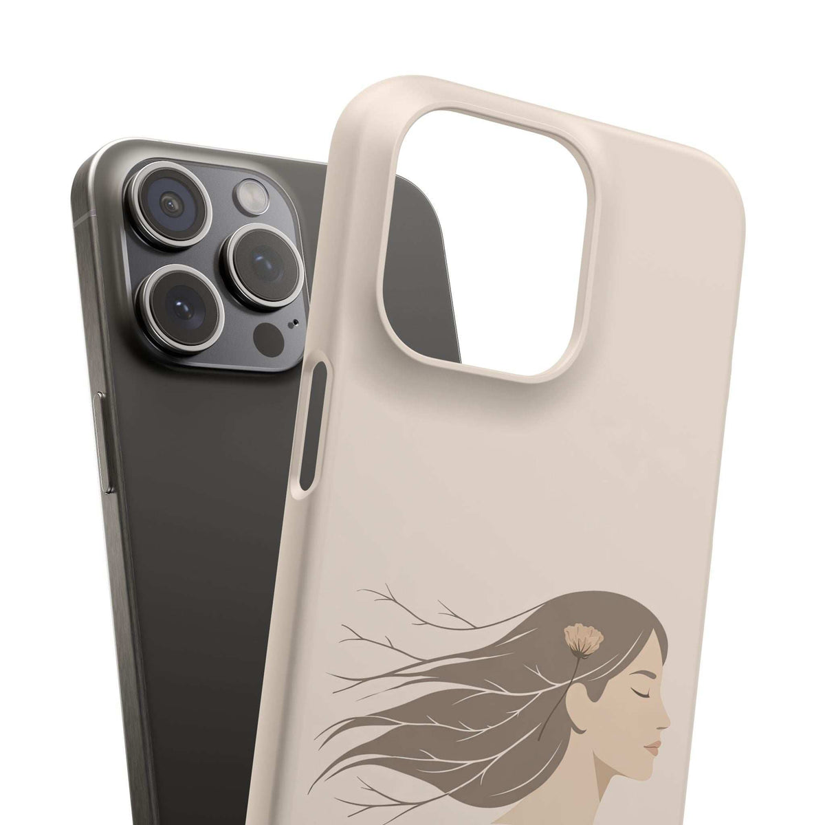 Light tan phone case with woman line-art and camera cutout, displayed beside a dark case