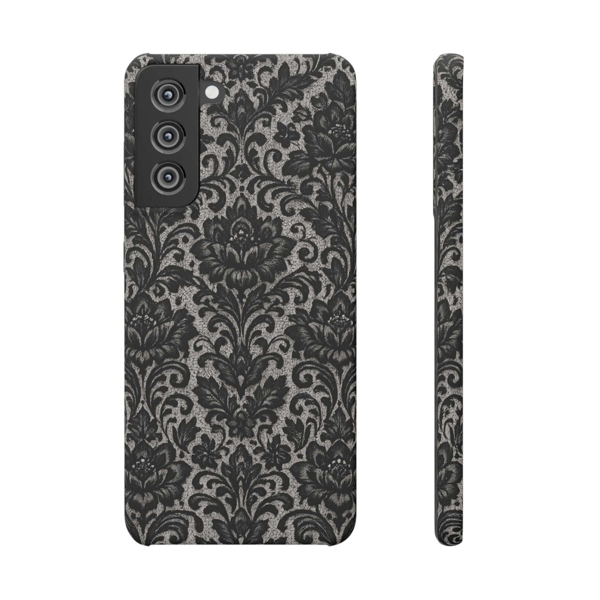 Black damask floral phone case, triple camera cutout; back pattern and side profile