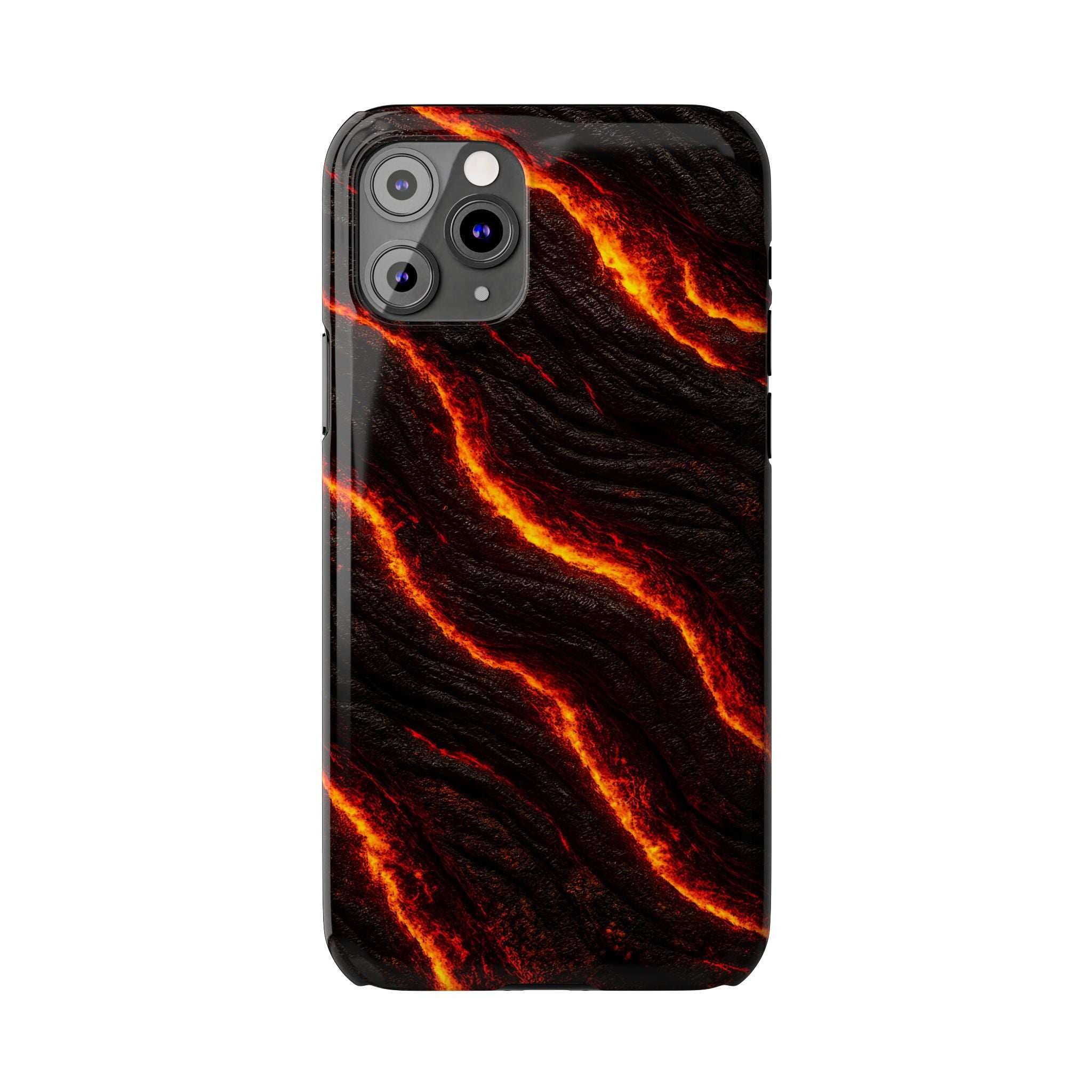 Black lava phone case with orange glowing streaks and quad camera cutout on back.