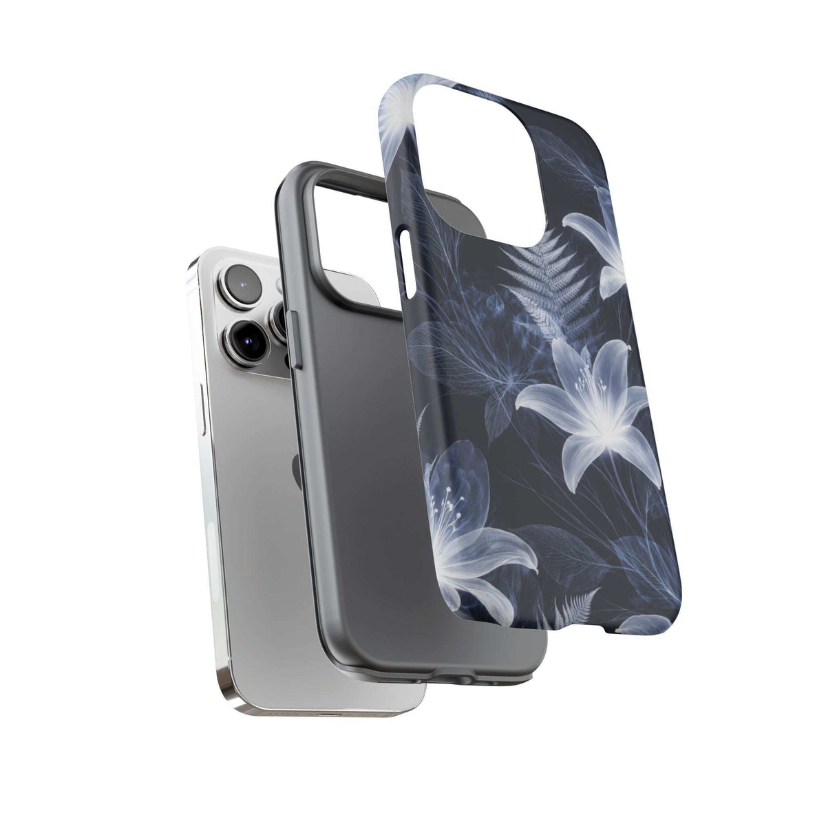 Blue floral phone case with white blossoms; open side view with cutout for buttons.