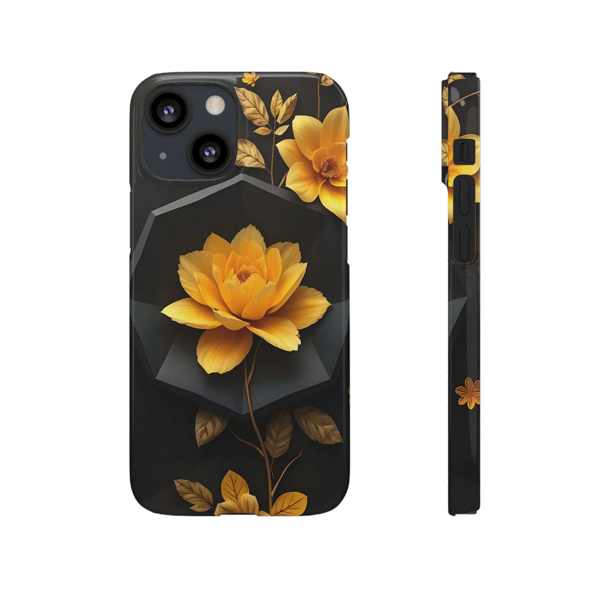 Black phone case with yellow flowers on side and front, camera cutouts shown.