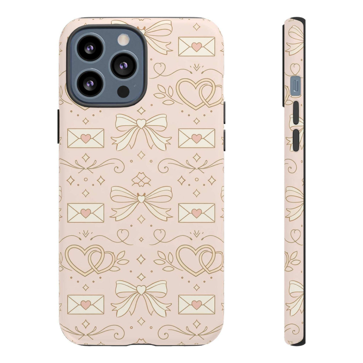 Pink tough phone case with gold heart and bow pattern, side profile with button cutouts