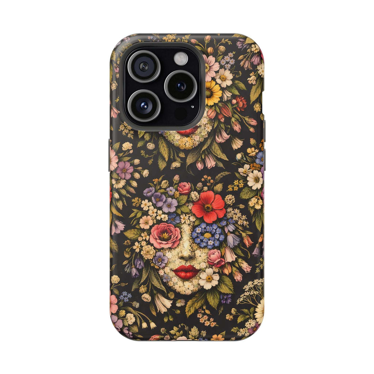 Phone case featuring a vintage floral face with red lips and detailed flower pattern; camera cutouts