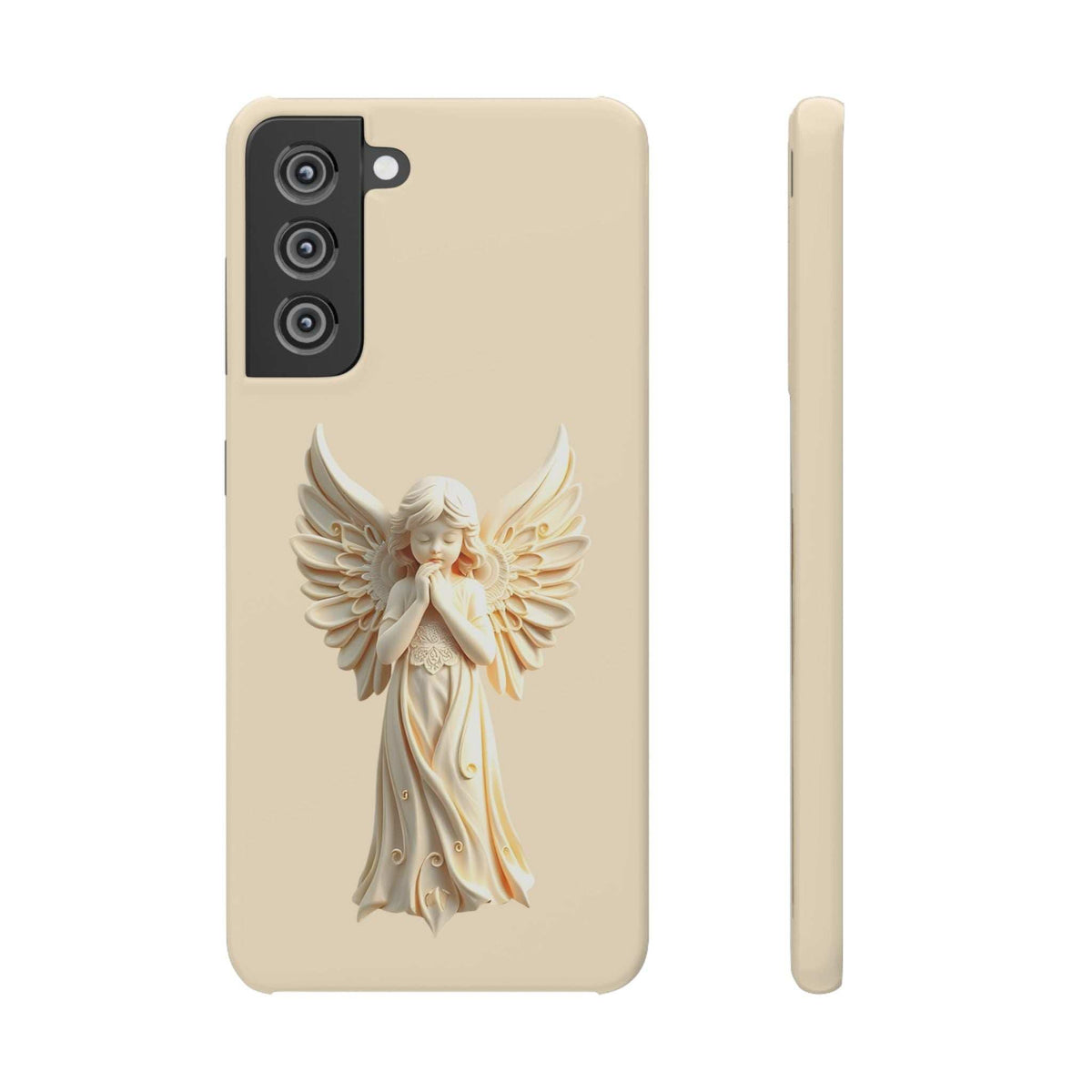 Beige angel phone case with cherub graphic and quad camera cutout, front view
