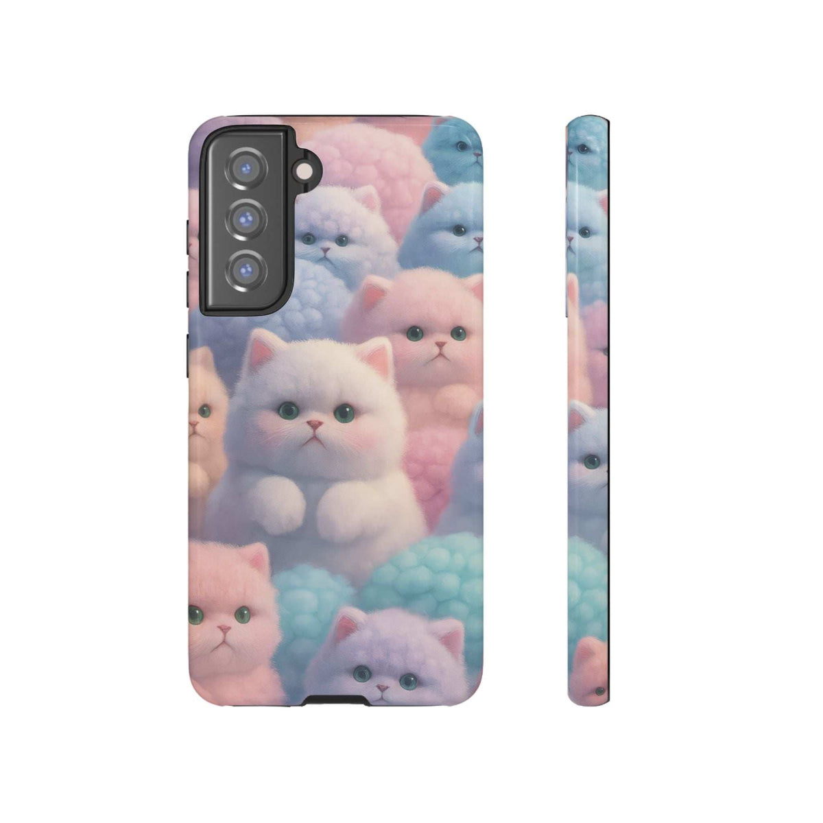 Glossy phone case with pastel kitten faces, side buttons and camera cutouts shown