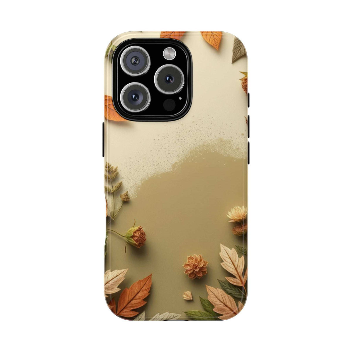 Phone case with beige autumn leaves and flowers; black camera module with multiple lenses
