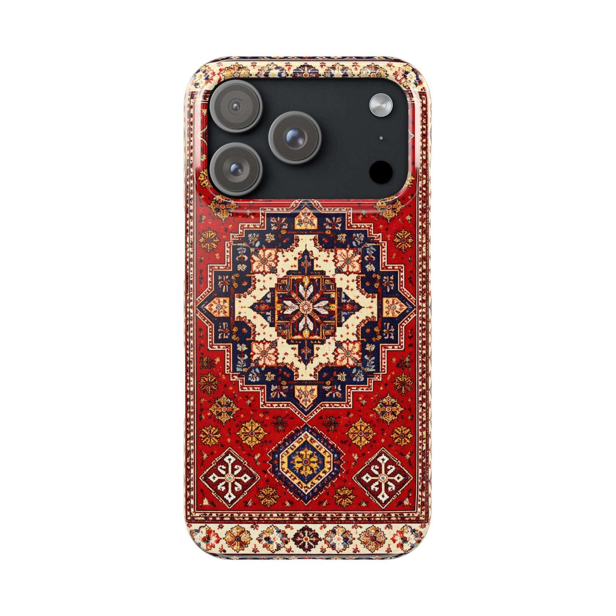 Armenian carpet patterned phone case with red background and ornate blue floral medallion.