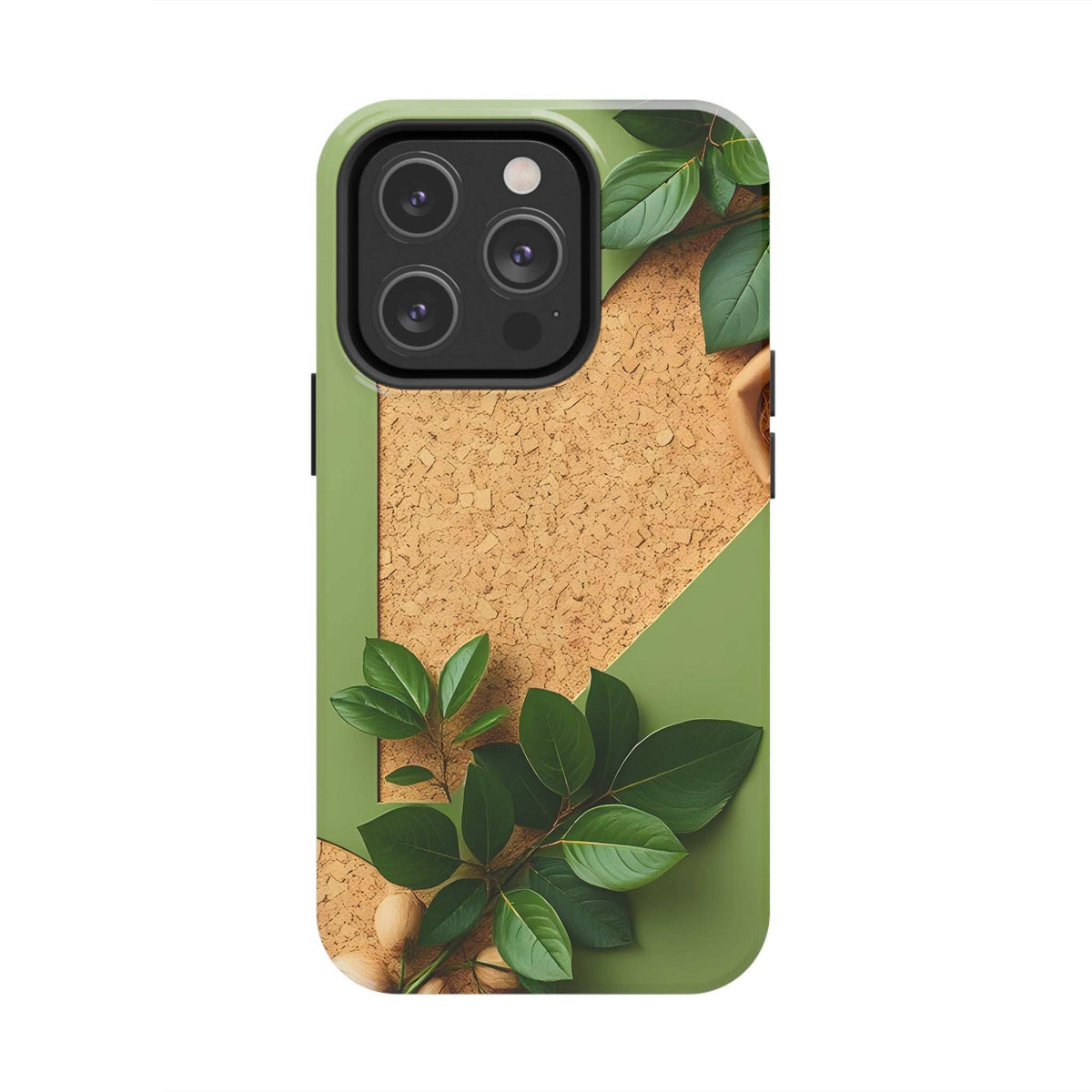 Green eco phone case with cork-like texture, leaf pattern, and multi-lens camera opening