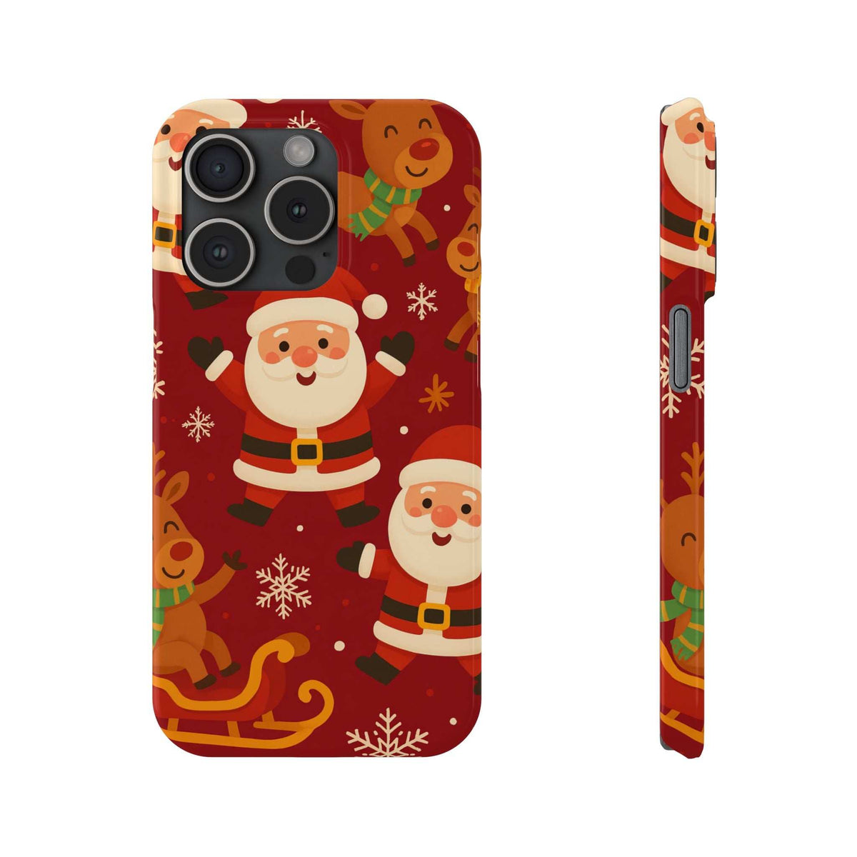 Red holiday phone case with Santa and gingerbread pattern; front camera and side view.