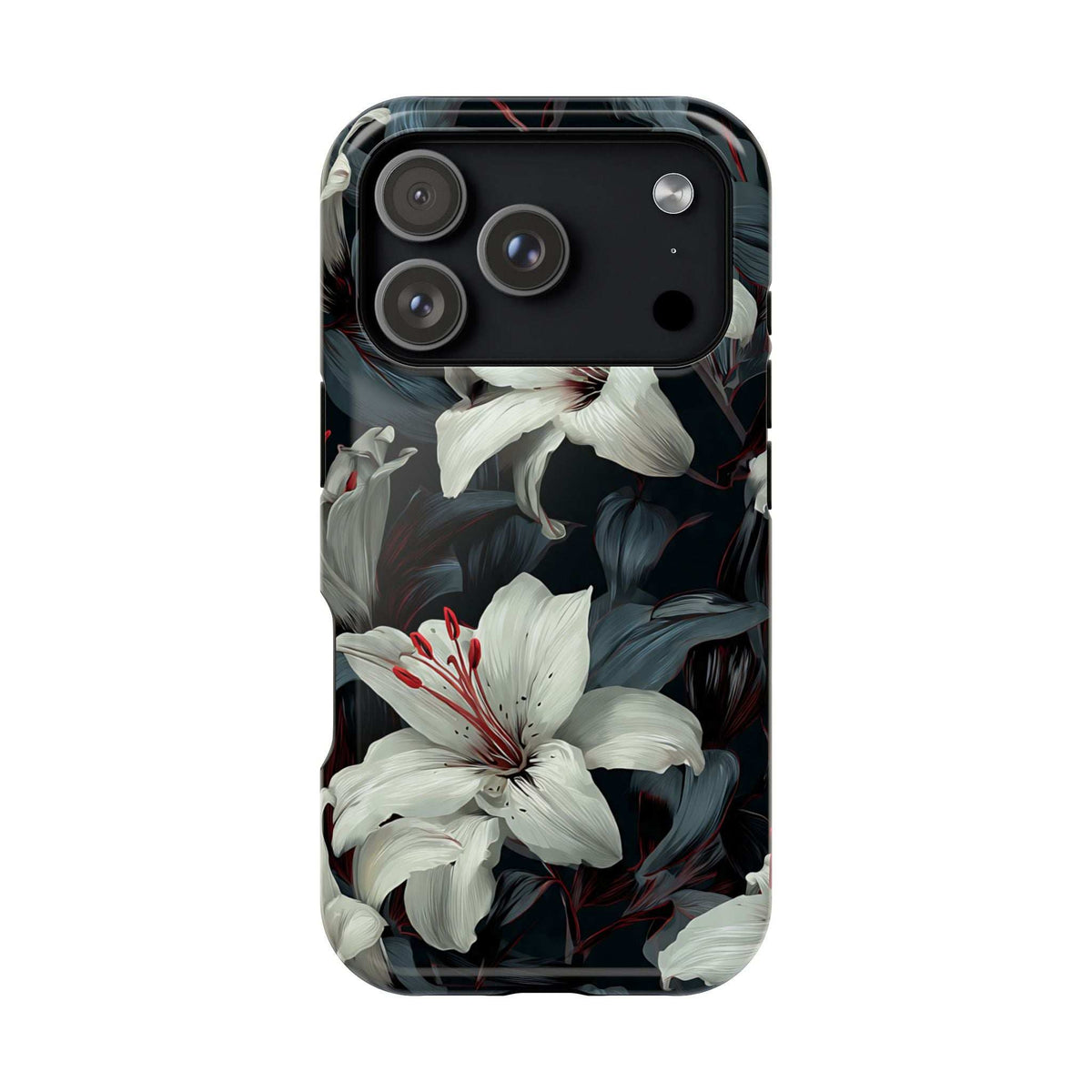 iPhone 13-17 floral phone case with white lilies, dark botanical print, and black camera cutout