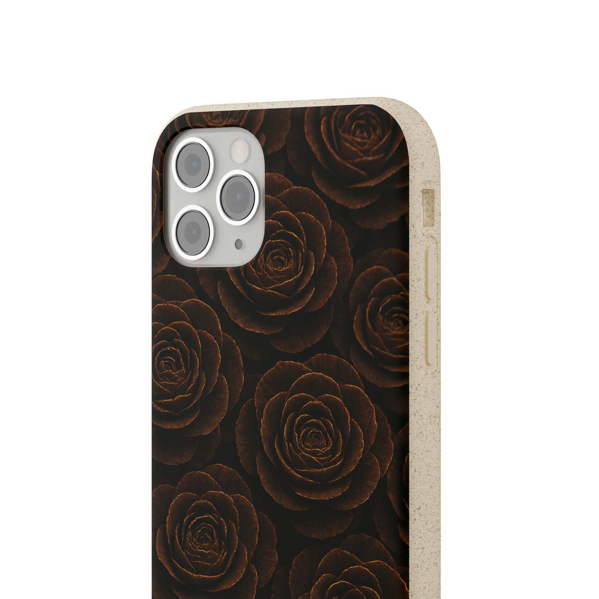 Phone case with dark rose pattern, camera cutouts on front