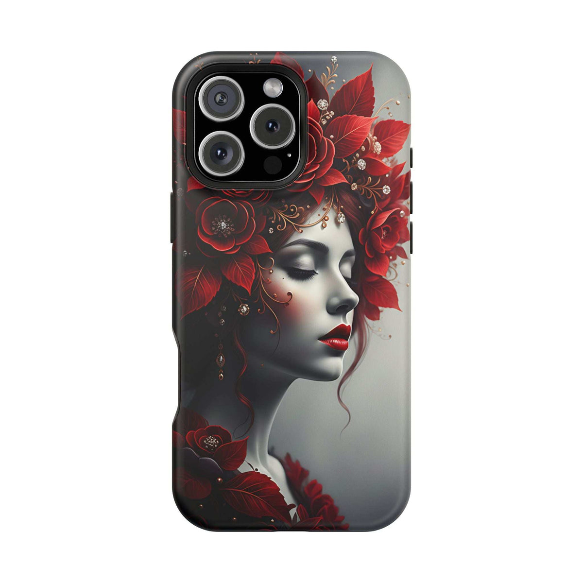 Glossy portrait phone case with red roses and a woman profile illustration; camera cutouts.