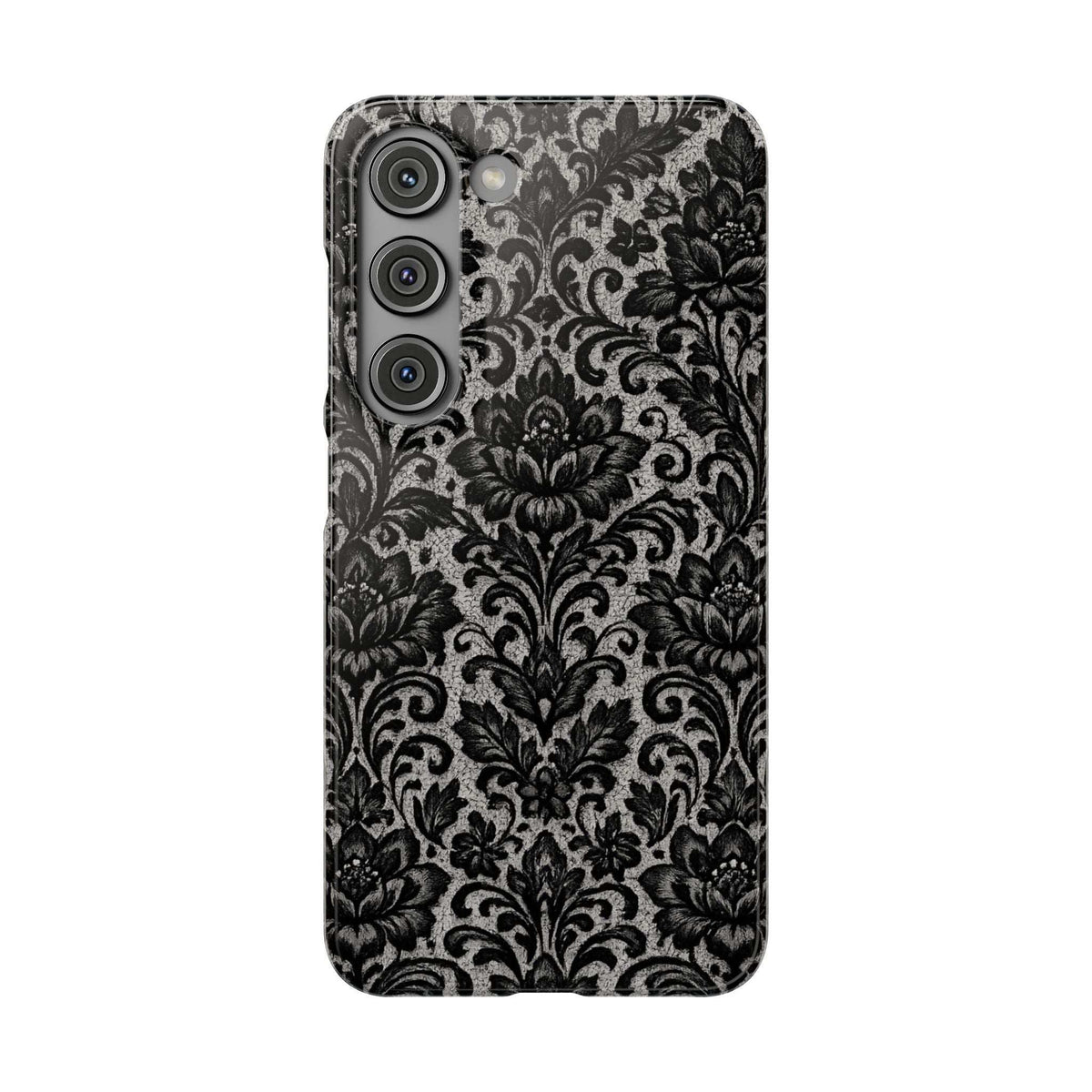 Damask floral phone case, black with gray ornate pattern; triple camera cutout