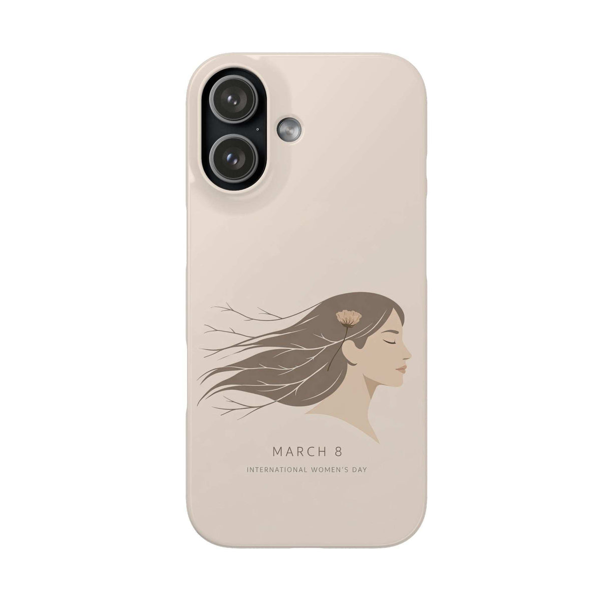 Beige phone case with woman profile illustration and March 8 text, with dual-lens camera opening