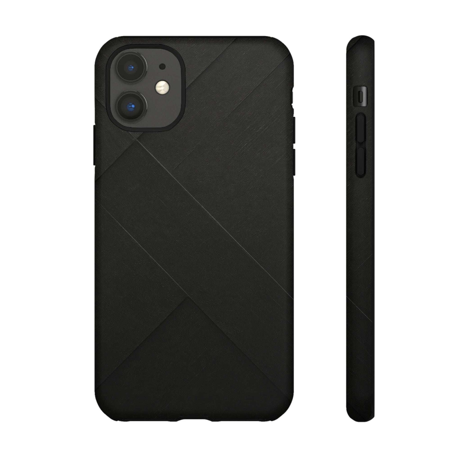Matte black phone case, back and edge view; diagonal line texture and side openings.