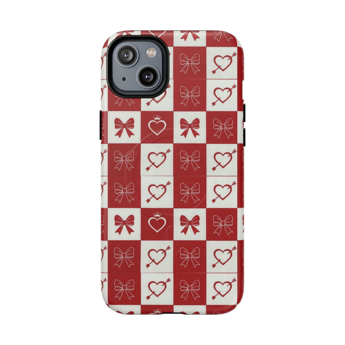 Phone case featuring red-and-white checkered hearts and bows, with camera cutout ring
