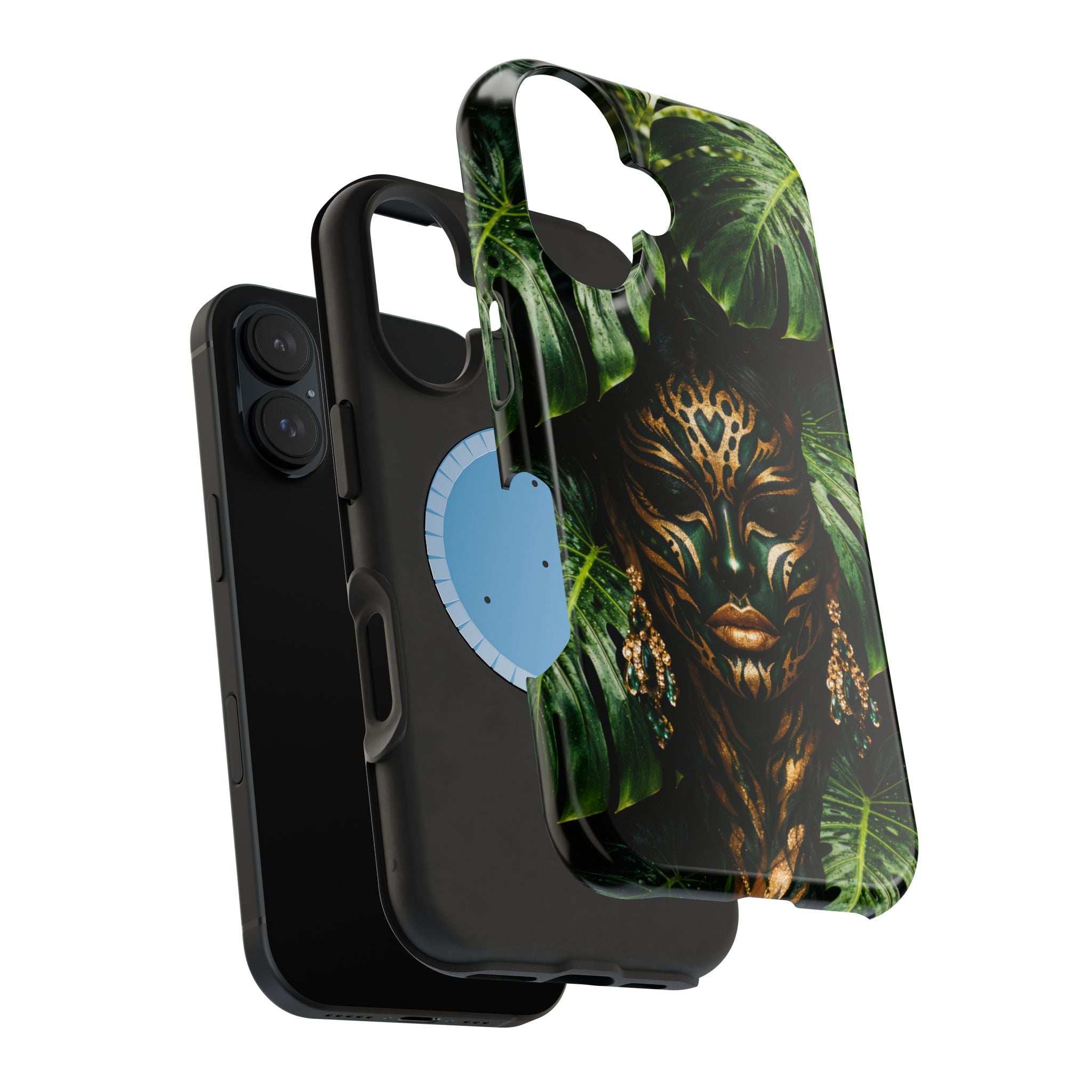 Phone case with jungle lion face design and tropical green leaves, top cutout for speaker