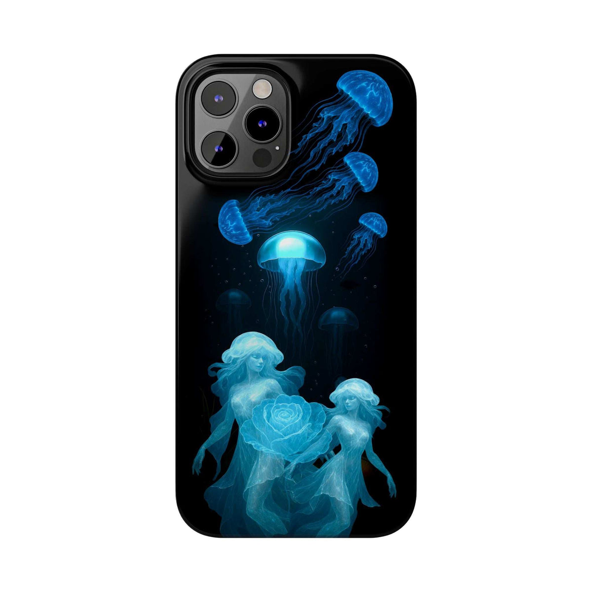 Black phone case featuring glowing jellyfish and a rose design in blue