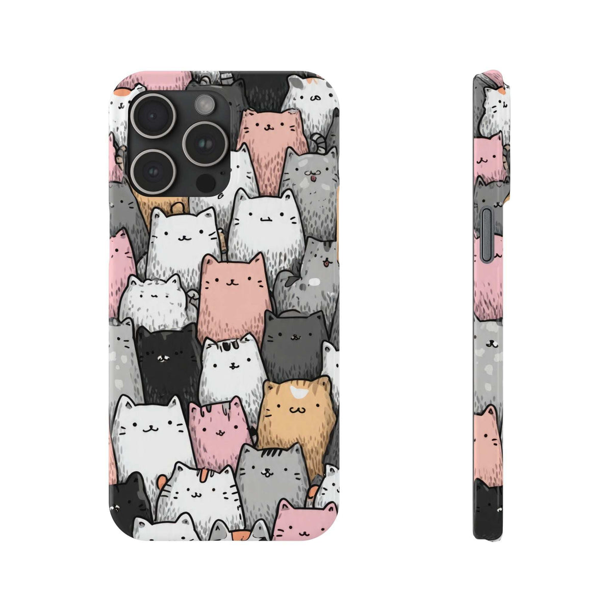 Cat phone case for iPhone with front camera cutouts and side button openings; pink cat pattern.