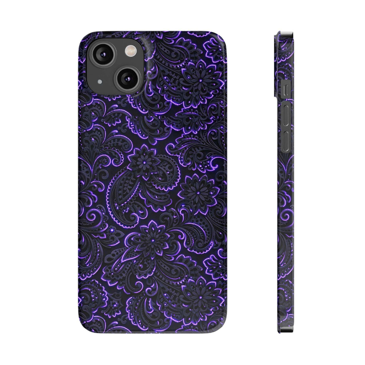 Purple neon paisley phone case front with detailed floral swirls pattern.