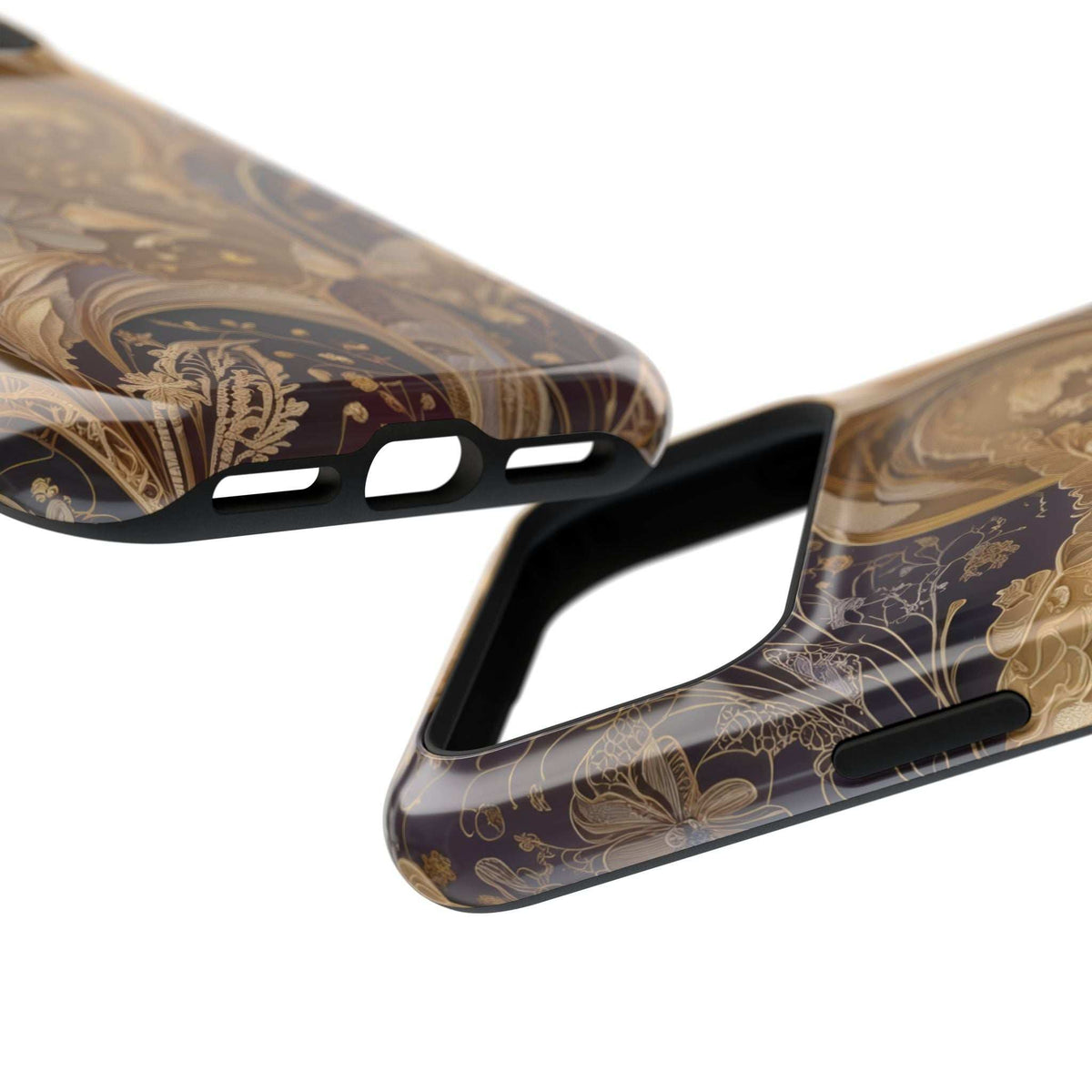 Botanical phone case side view showing speaker and charging cutouts, protective lip