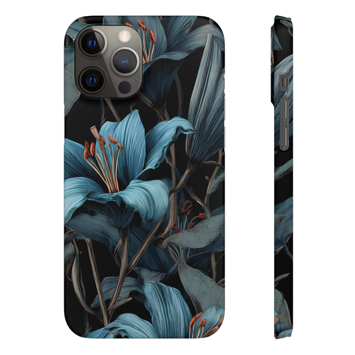 Phone case front view with blue floral leaf artwork and raised camera module cutouts
