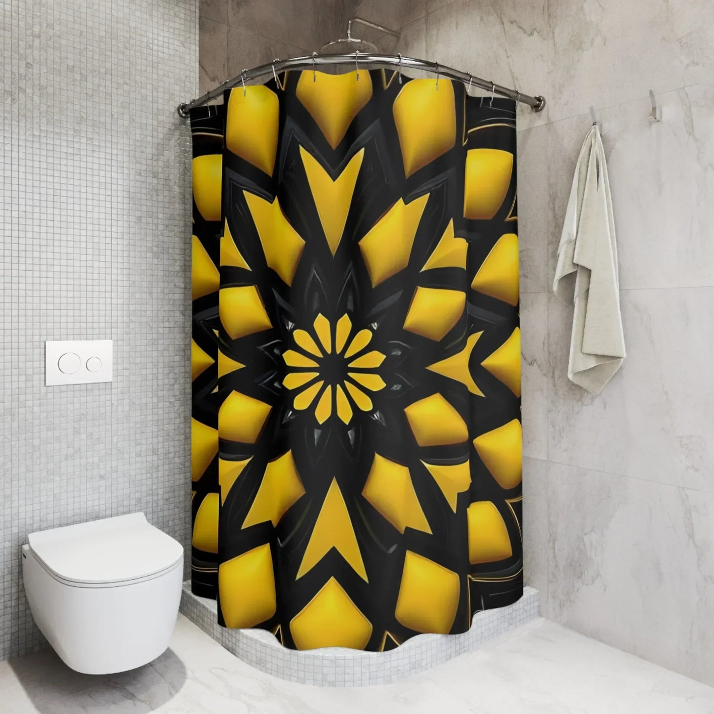 Black & Yellow Geometric Shower Curtain – Bold Modern Bathroom Decor - KarArmDesign