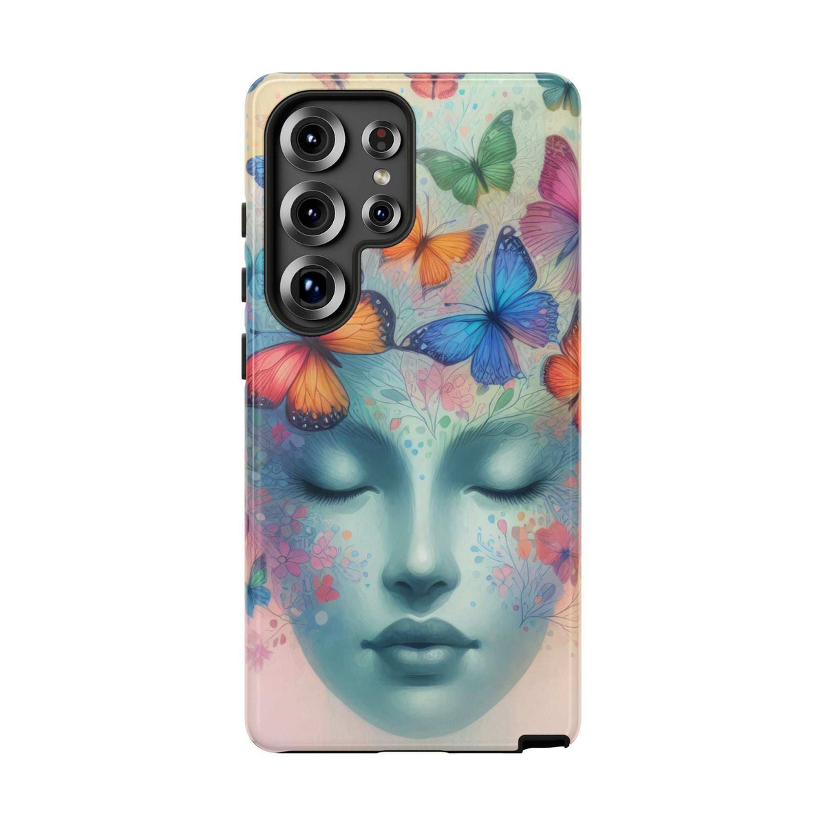 Butterfly floral face phone case with colorful butterflies, triple-lens camera, and bottom edge