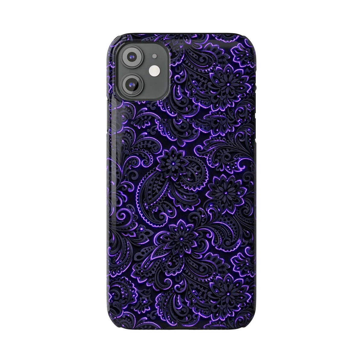 Purple paisley phone case with neon floral ornament pattern, camera cluster on back.