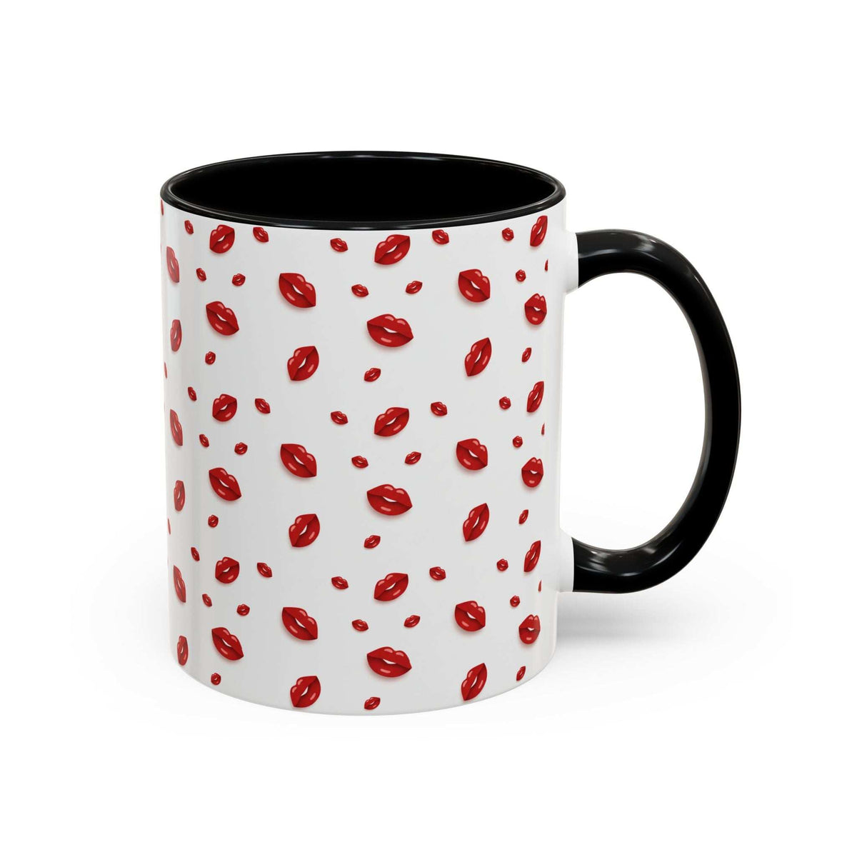 Accent coffee mug with hot lips pattern, black rim and handle, white body