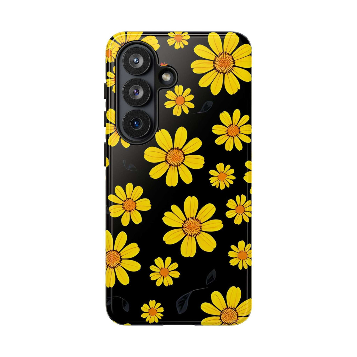 Black phone case with yellow daisy floral print and raised camera protection