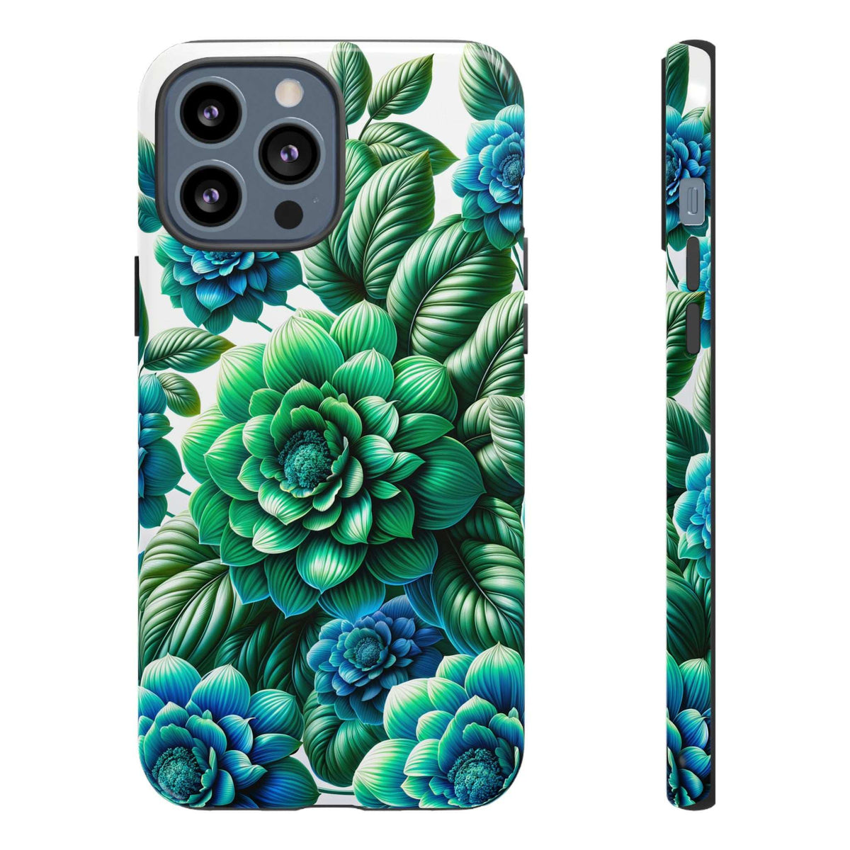 Phone case back view with green and blue flowers and leaves pattern; side profile shown.