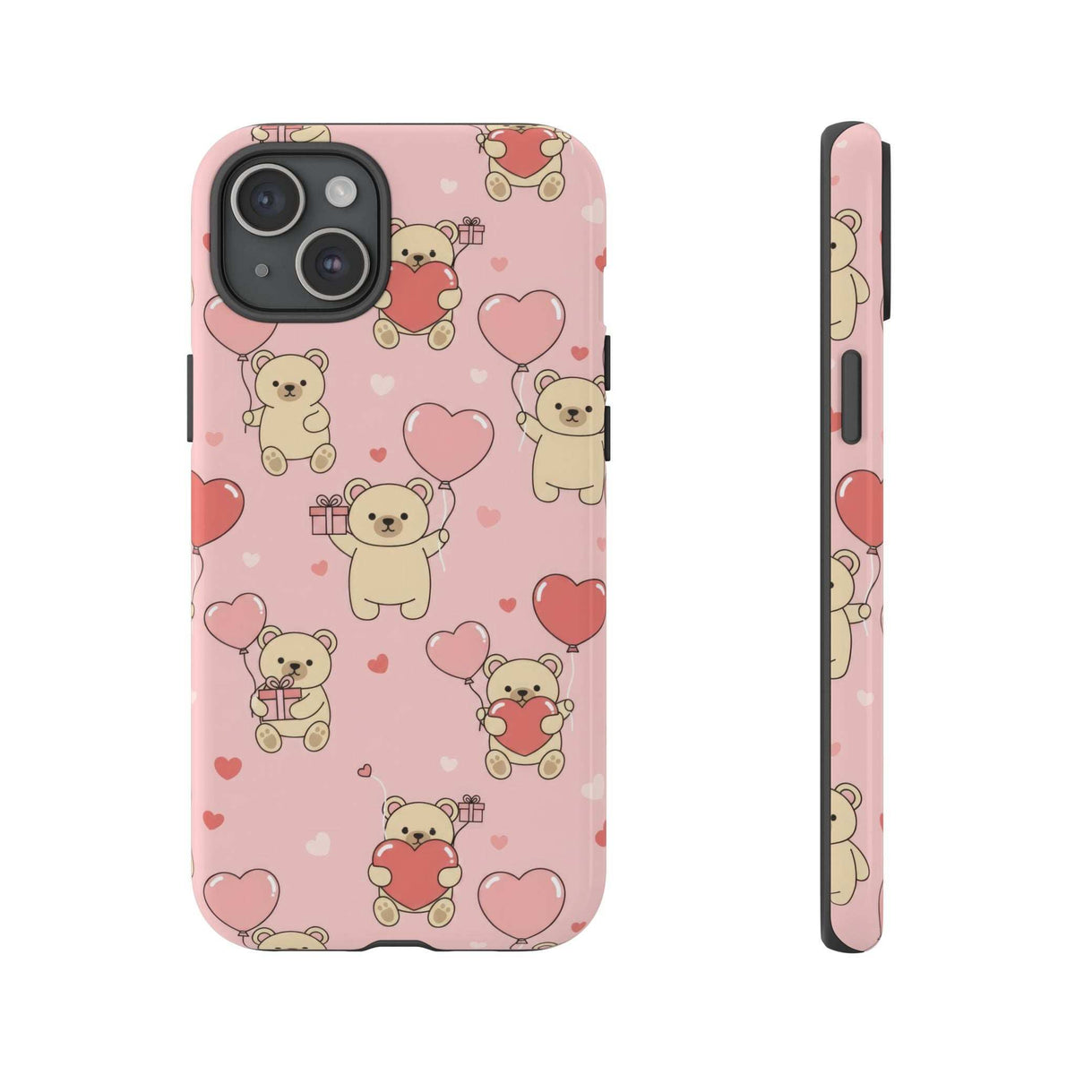 Pink phone case with teddy bears, hearts, and ribbon motif; camera cutout visible