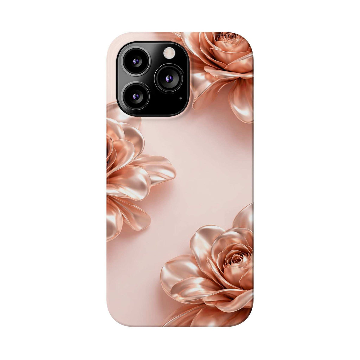 Blush metallic floral phone case with rose petals and camera cutout for iPhone 11-17