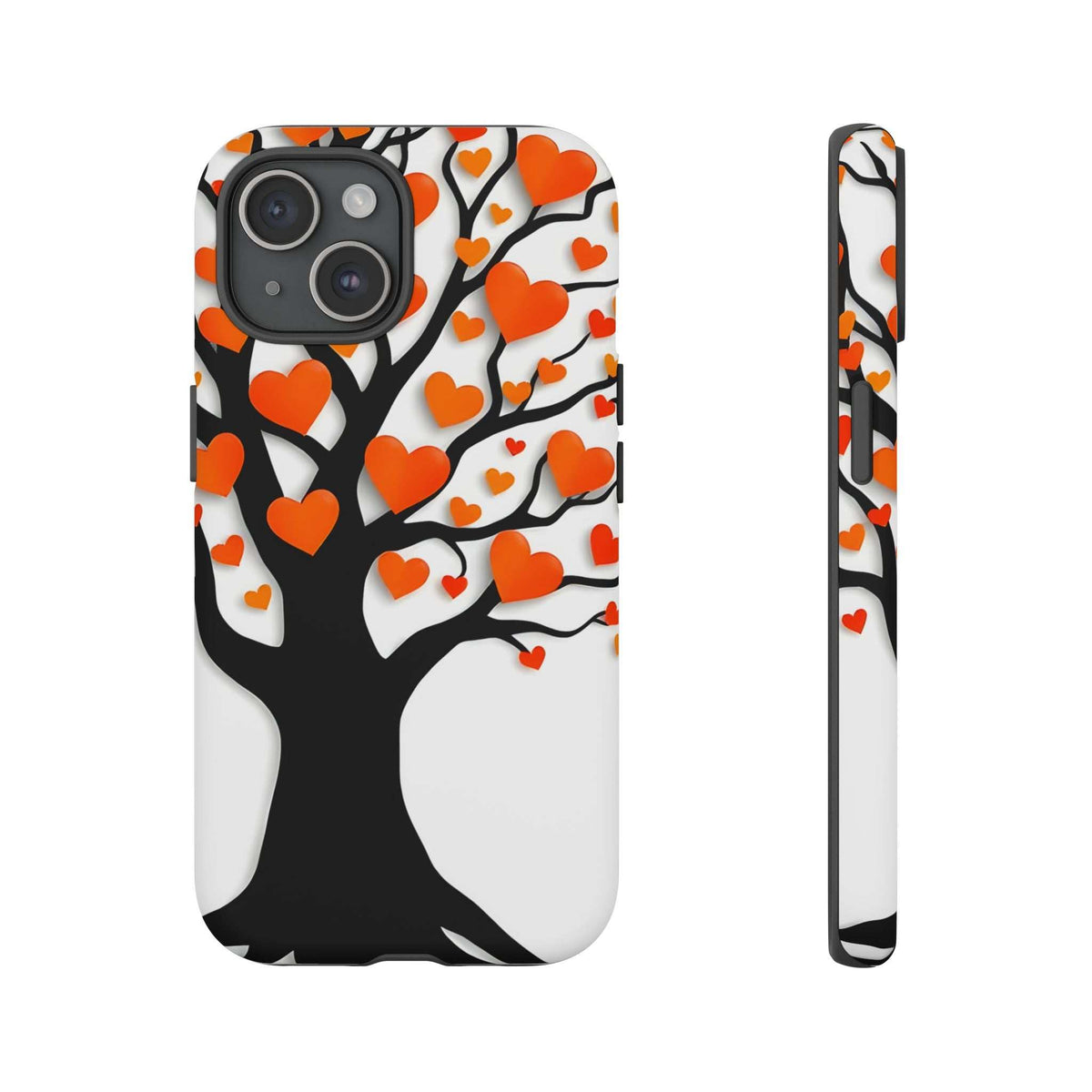 Heart tree phone case with orange heart pattern; dual camera cutout, slim side profile.