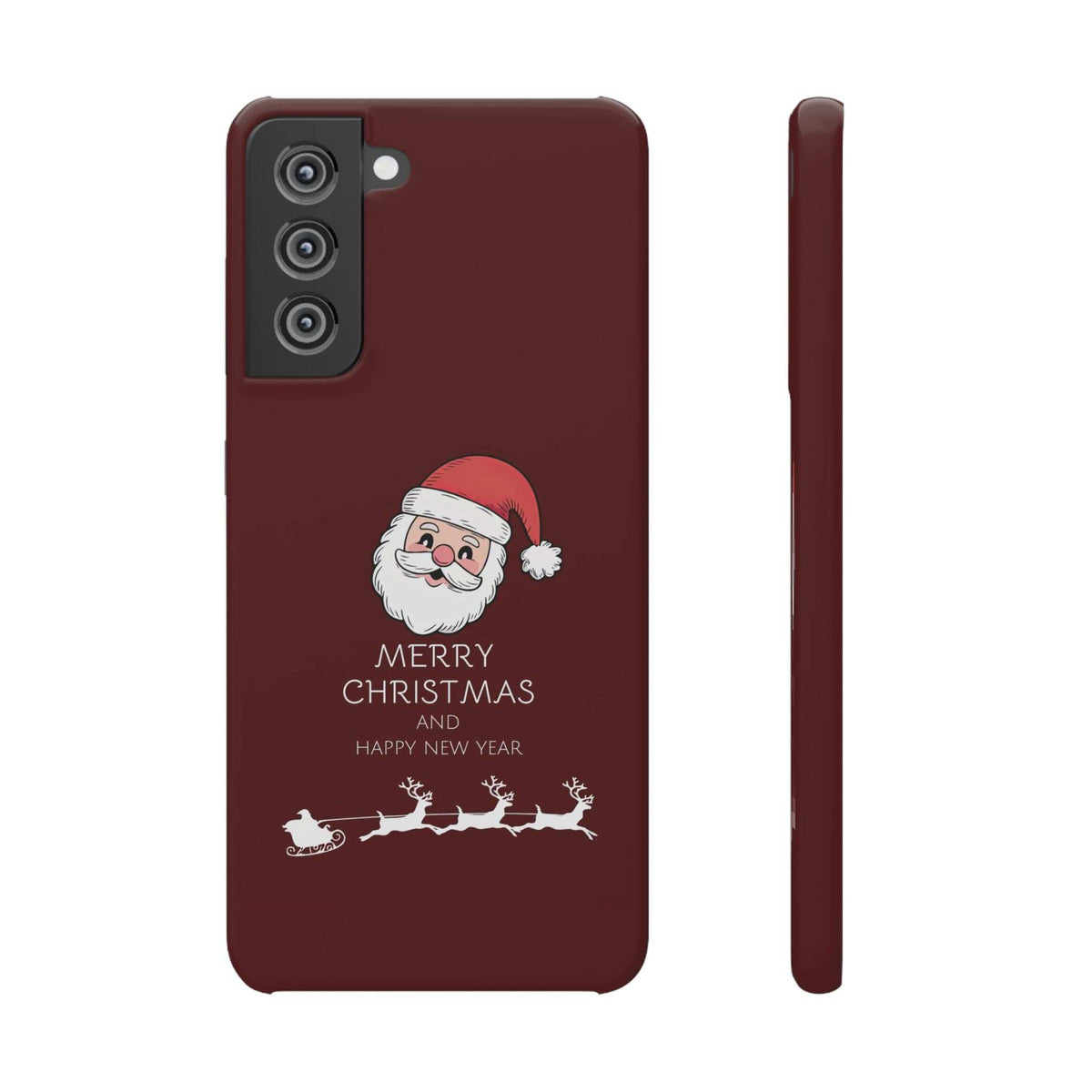 Maroon glossy phone case with Santa graphic and “MERRY CHRISTMAS,” side edge with button openings