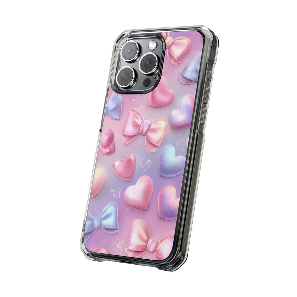 Pastel hearts and bows phone case, angled side view with clear bumper protection