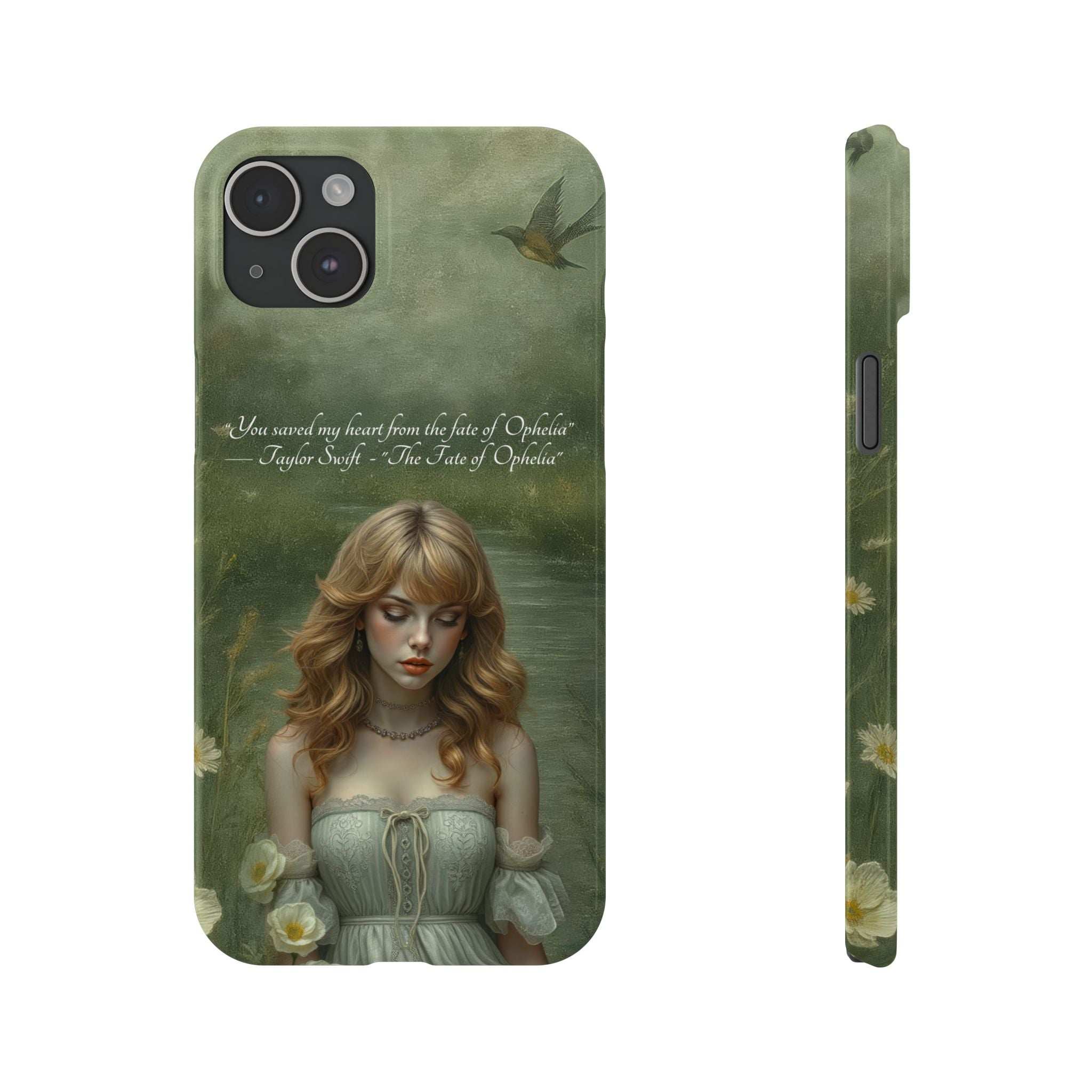 Green phone case with blonde portrait, bird near top, and side opening for buttons