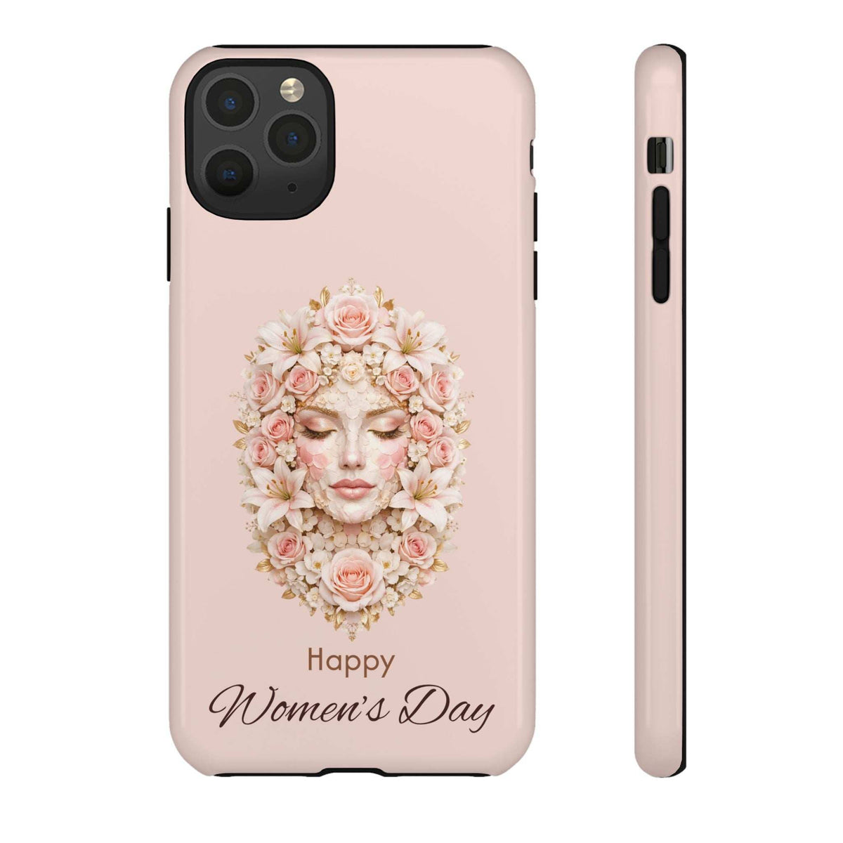 Pink iPhone phone case with floral woman wreath design and “Happy Women’s Day”