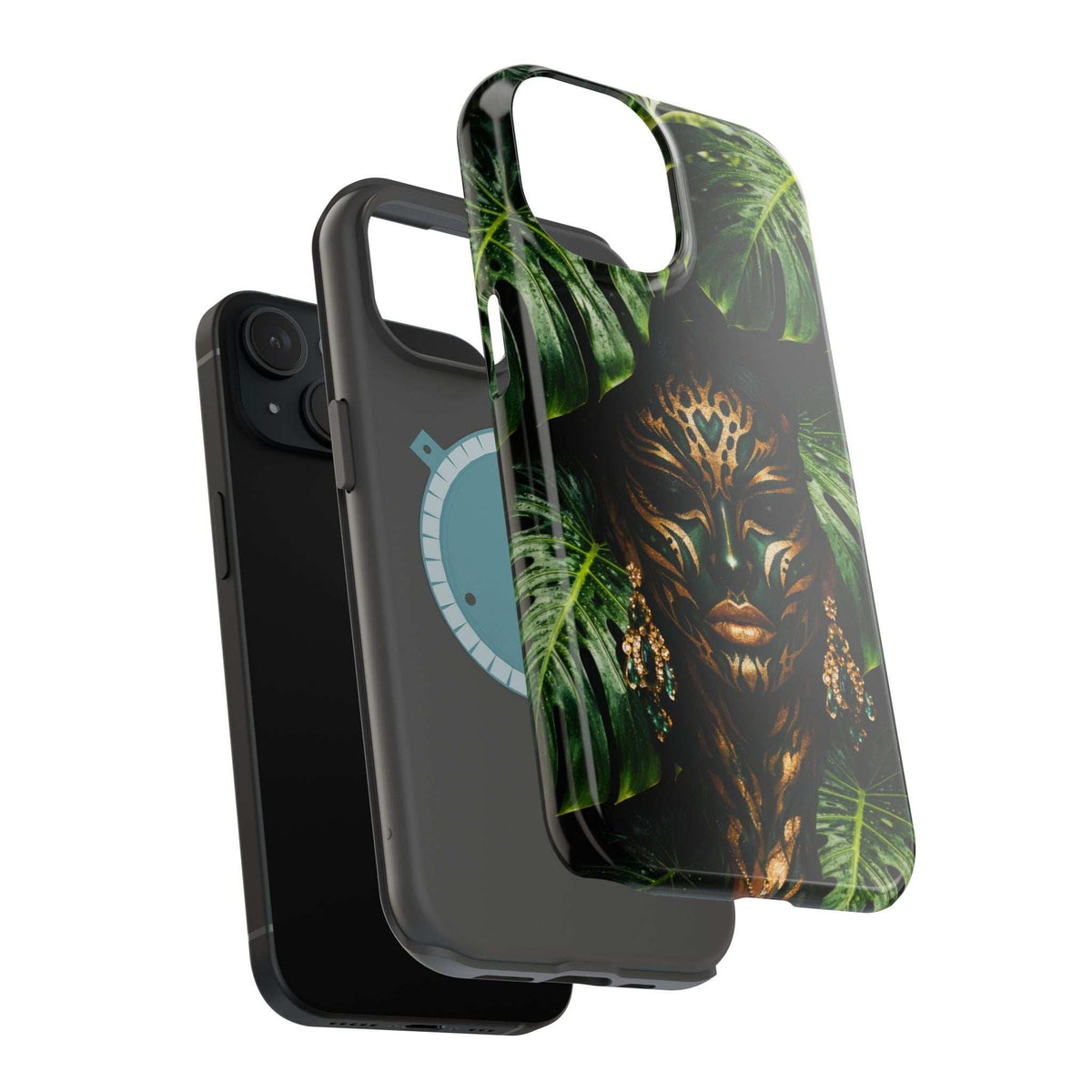 Jungle spirit phone case for iPhone 13-17, angled view with green leaves and gold face.